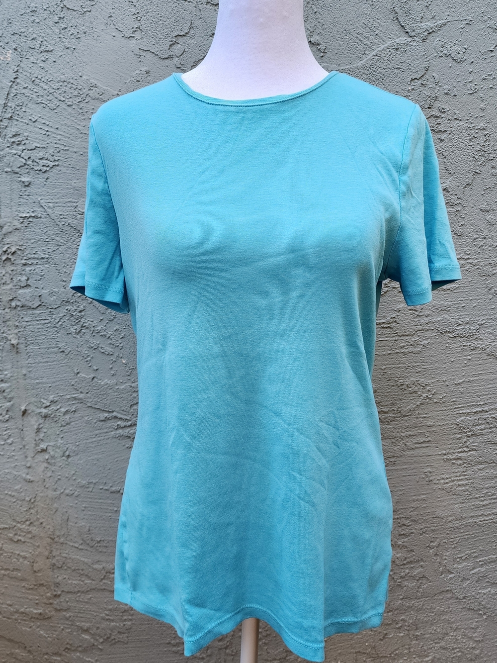 Vintage Chic Turquoise Ribbed Short Sleeve Knit Top - Size M